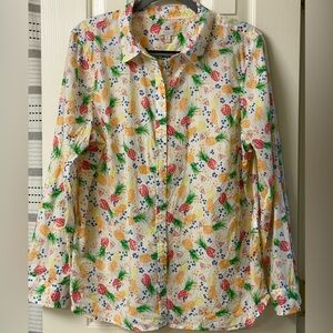 Talbots Multicolor Tropical Print Button Up Roll Tab Sleeves Shirt Size XL